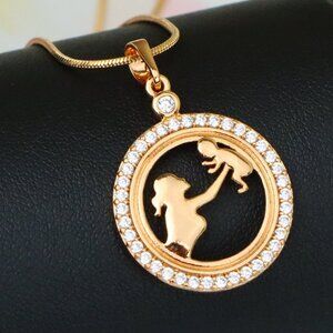 "Rose Gold Circle Pendant with Mother & Child Design and CZ Accents, XPPT1401